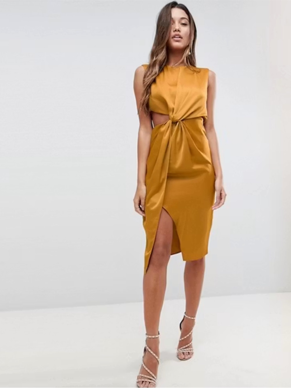 ASOS Mustard Yellow Satin Sexy Sultry Cutout Thigh Slit Midi Cocktail Dress